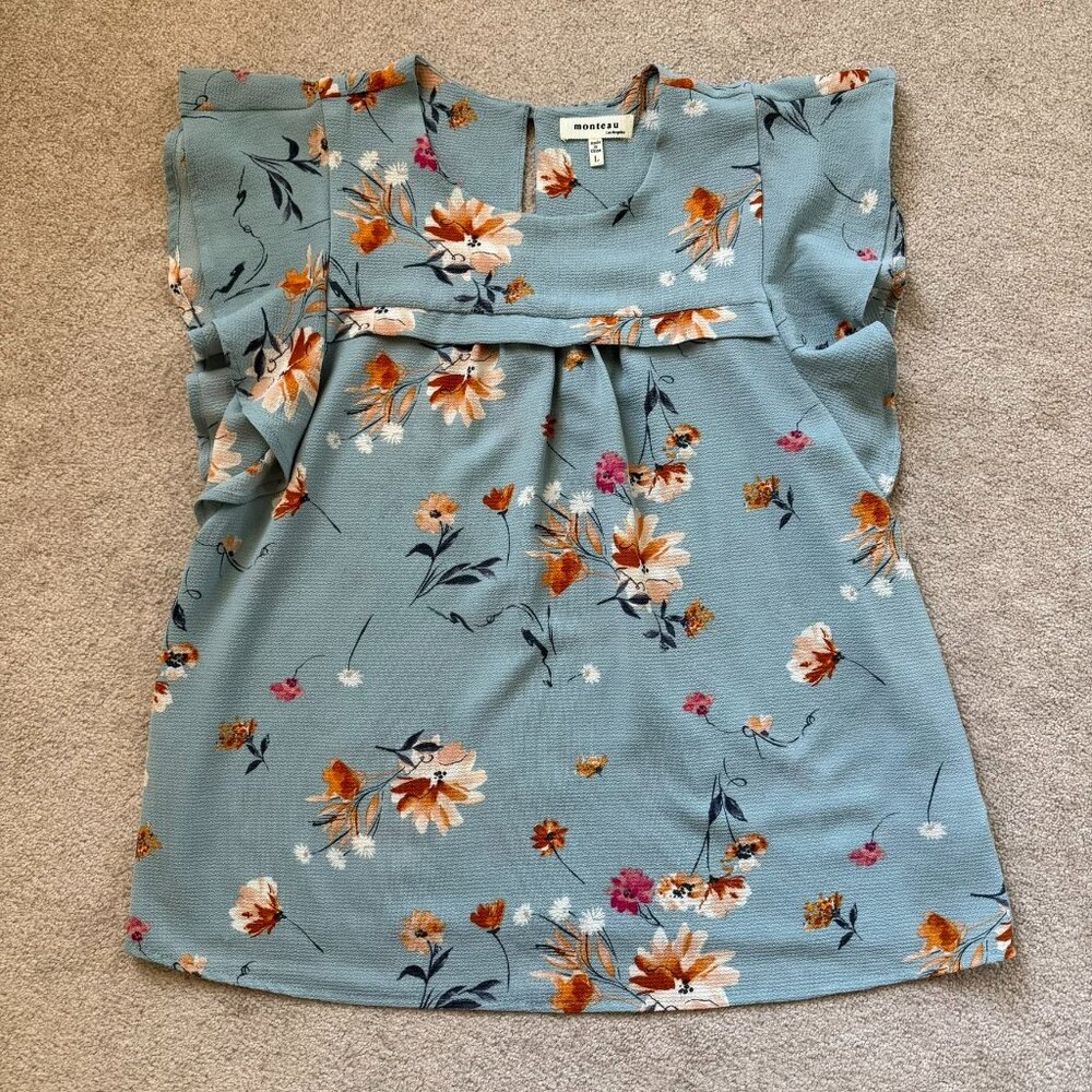 Monton Floral Ruffle Sleeve Blouse - Dusty Blue